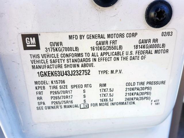 1GKEK63U43J232752 - 2003 GMC YUKON DENA WHITE photo 10