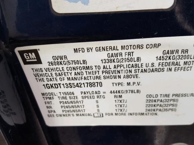 1GKDT13S542178870 - 2004 GMC ENVOY BLUE photo 10