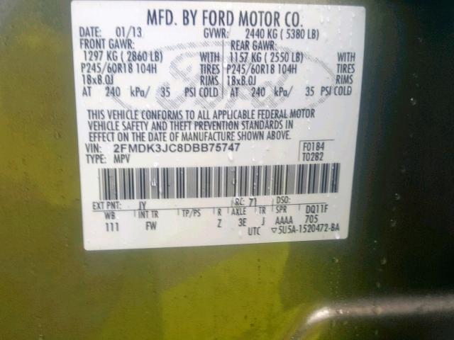 2FMDK3JC8DBB75747 - 2013 FORD EDGE SEL GREEN photo 10