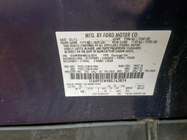 1FAHP2EW4BG163824 - 2011 FORD TAURUS SEL BLUE photo 10