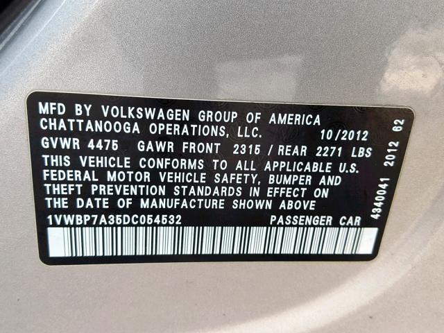 1VWBP7A35DC054532 - 2013 VOLKSWAGEN PASSAT SE SILVER photo 10