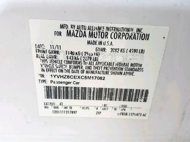 1YVHZ8CBXC5M17082 - 2012 MAZDA 6 S WHITE photo 10