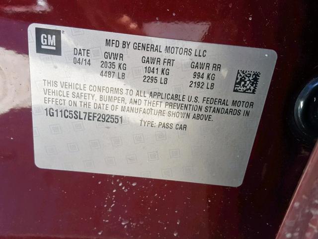 1G11C5SL7EF292551 - 2014 CHEVROLET MALIBU 1LT მუქწითელი ფოტო 10