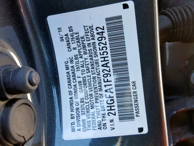 2HGFA1F92AH552942 - 2010 HONDA CIVIC EXL GRAY photo 10