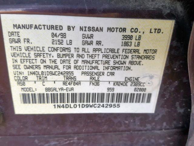 1N4DL01D9WC242955 - 1998 NISSAN ALTIMA XE BURGUNDY photo 10