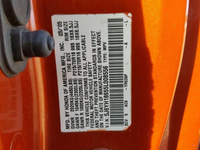 5J6YH18655L008556 - 2005 HONDA ELEMENT EX ORANGE photo 10