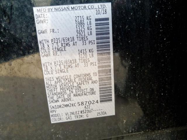 5N1DR2MM2KC587024 - 2019 NISSAN PATHFINDER S  照片 10