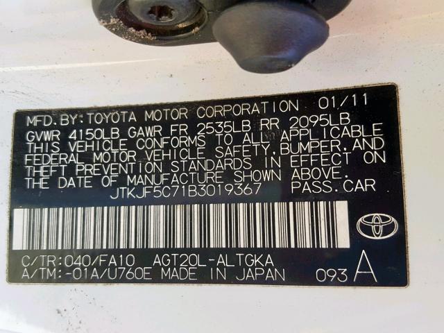 JTKJF5C71B3019367 - 2011 TOYOTA SCION TC თეთრი ფოტო 10