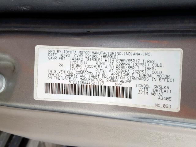 5TDZT38A44S211721 - 2004 TOYOTA SEQUOIA GRAY photo 10