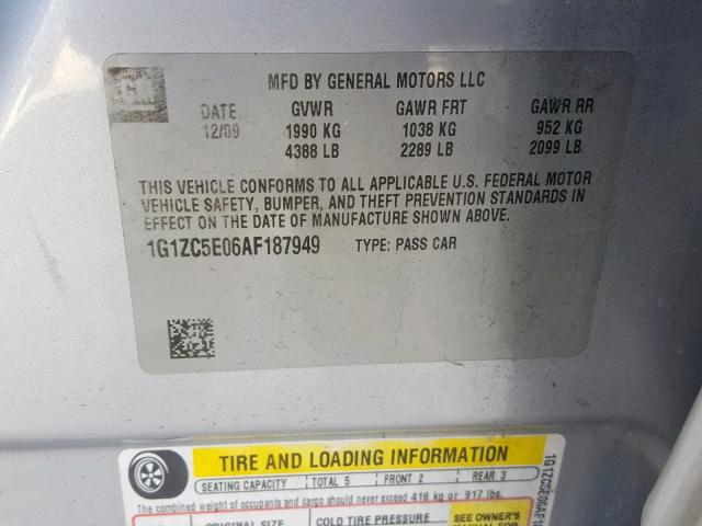 1G1ZC5E06AF187949 - 2010 CHEVROLET MALIBU 1LT SILVER photo 10