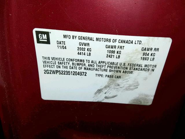 2G2WP522351204972 - 2005 PONTIAC GRAND PRIX RED photo 10