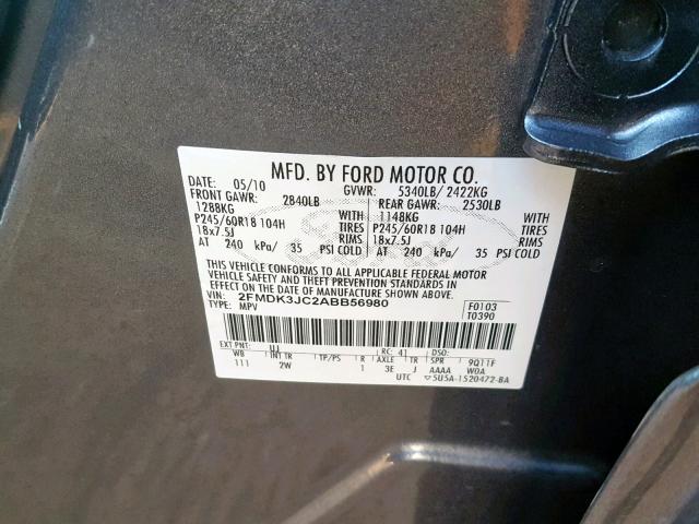 2FMDK3JC2ABB56980 - 2010 FORD EDGE SEL BLUE photo 10