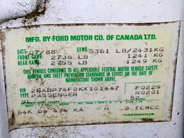 2FABP74F0KX101447 - 1989 FORD CROWN VICT WHITE photo 10