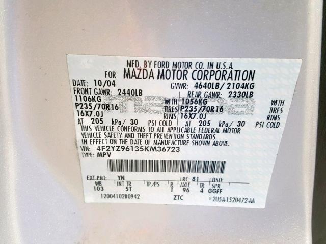 4F2YZ96135KM36723 - 2005 MAZDA TRIBUTE S SILVER photo 10