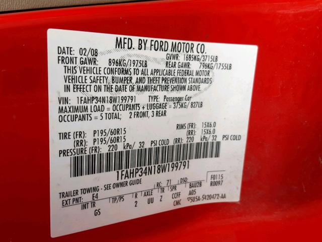 1FAHP34N18W199791 - 2008 FORD FOCUS S/SE RED photo 10