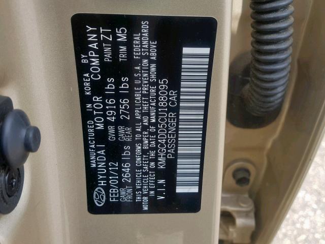 KMHGC4DD5CU188095 - 2012 HYUNDAI GENESIS 3. GOLD photo 10