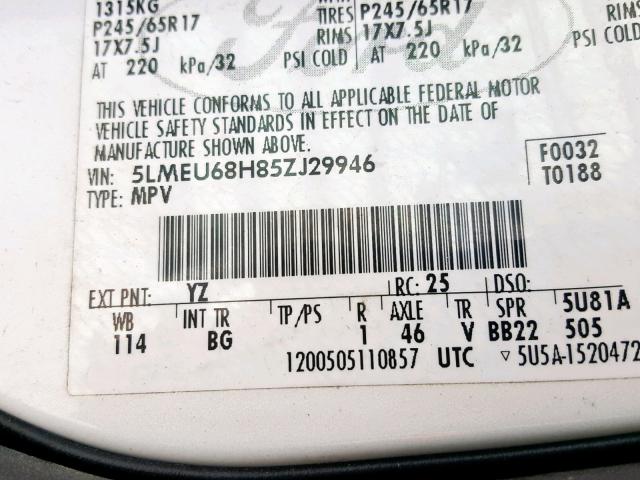 5LMEU68H85ZJ29946 - 2005 LINCOLN AVIATOR 白色 照片 10