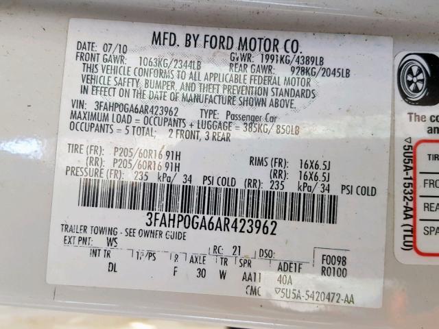 3FAHP0GA6AR423962 - 2010 FORD FUSION S WHITE photo 10