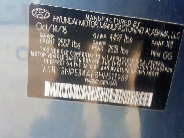 5NPE34AF8HH513969 - 2017 HYUNDAI SONATA SPO BLUE photo 10