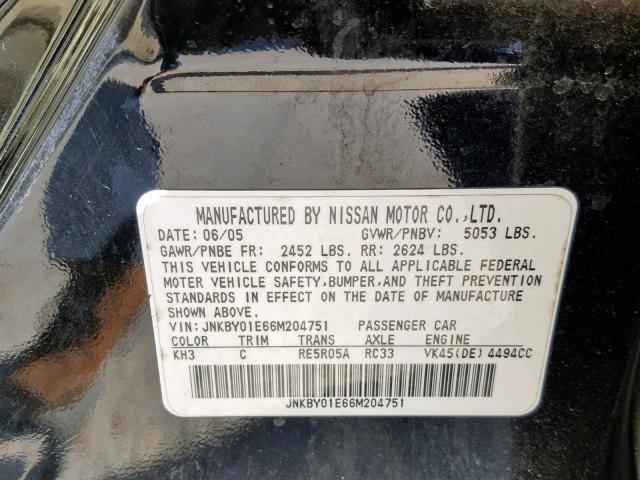 JNKBY01E66M204751 - 2006 INFINITI M45 BASE BLACK photo 10