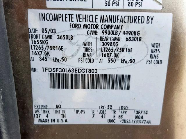 1FDSF30L63ED31803 - 2003 FORD F350 SRW S BROWN photo 10