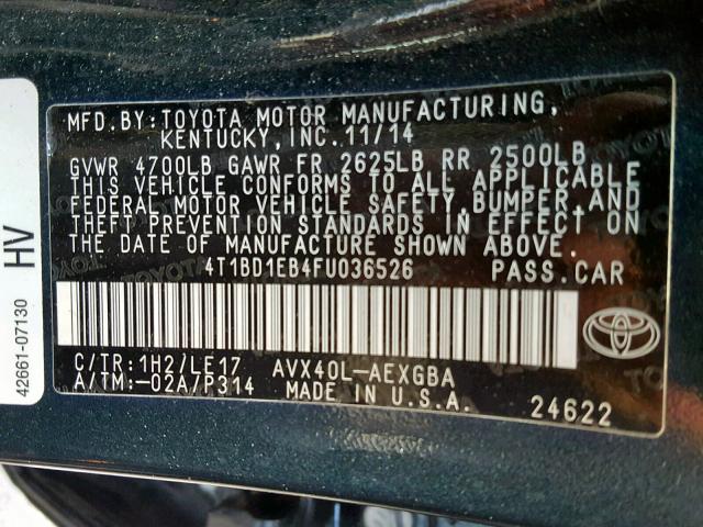 4T1BD1EB4FU036526 - 2015 TOYOTA AVALON HYB BLACK photo 10