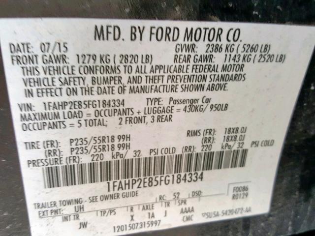 1FAHP2E85FG184334 - 2015 FORD TAURUS SEL BLACK photo 10