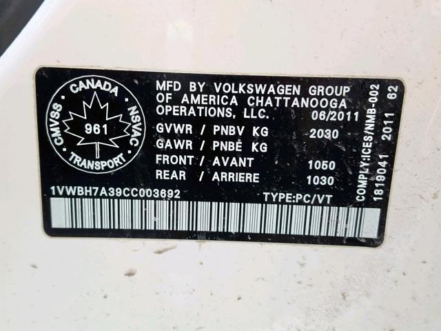 1VWBH7A39CC003692 - 2012 VOLKSWAGEN PASSAT SE WHITE photo 10