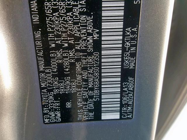 5TDBY68A58S012350 - 2008 TOYOTA SEQUOIA LI SILVER photo 10