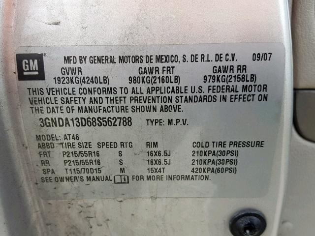 3GNDA13D68S562788 - 2008 CHEVROLET HHR LS Plata foto 10