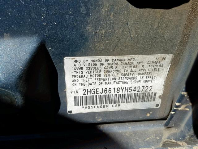 2HGEJ6618YH542722 - 2000 HONDA CIVIC BASE Mavi foto 10