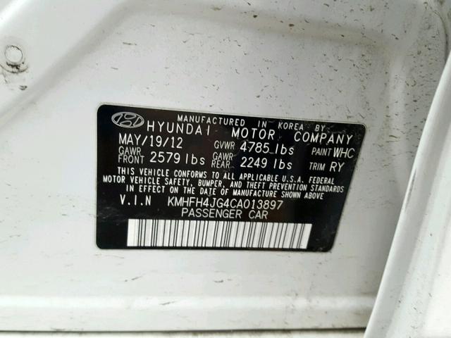 KMHFH4JG4CA013897 - 2012 HYUNDAI AZERA GLS WHITE photo 10