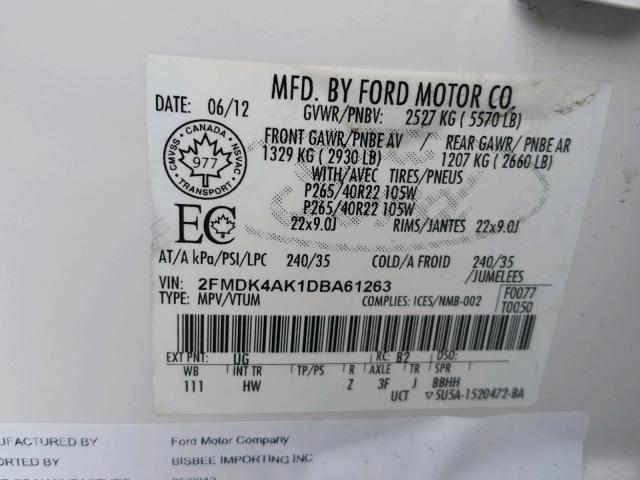 2FMDK4AK1DBA61263 - 2013 FORD EDGE SPORT WHITE photo 10