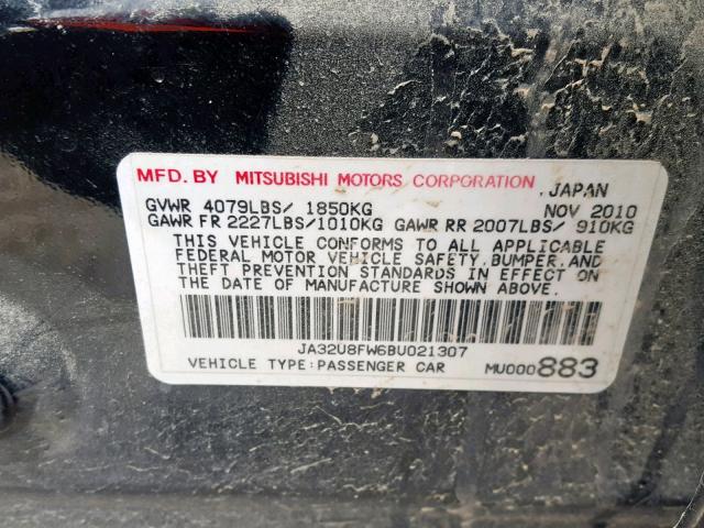 JA32U8FW6BU021307 - 2011 MITSUBISHI LANCER GTS BLACK photo 10