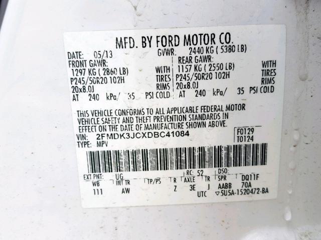 2FMDK3JCXDBC41084 - 2013 FORD EDGE SEL WHITE photo 10