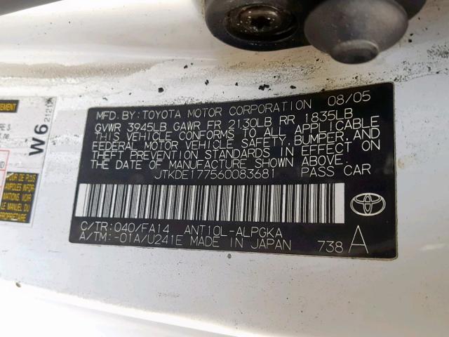 JTKDE177560083681 - 2006 TOYOTA SCION TC თეთრი ფოტო 10