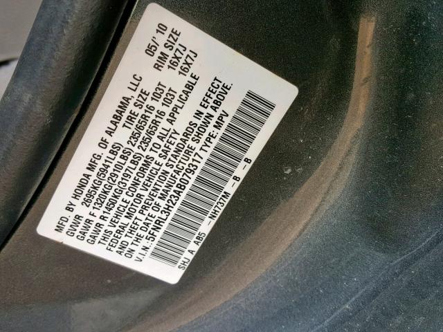 5FNRL3H23AB079317 - 2010 HONDA ODYSSEY LX GRAY photo 10