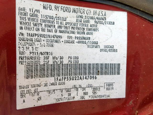 1FAFP55U22A147096 - 2002 FORD TAURUS SES RED photo 10