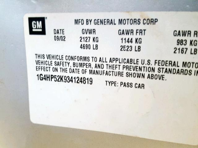 1G4HP52K934124819 - 2003 BUICK LESABRE CU SILVER photo 10