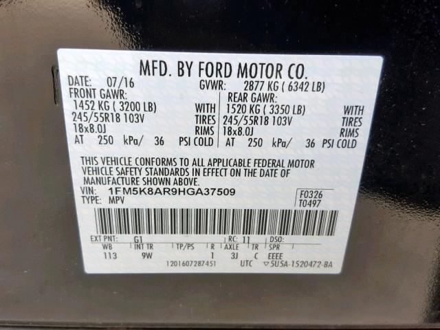 1FM5K8AR9HGA37509 - 2017 FORD EXPLORER P TWO TONE photo 10