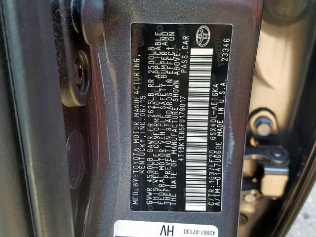 4T1BK1EB5FU178017 - 2015 TOYOTA AVALON XLE GRAY photo 10