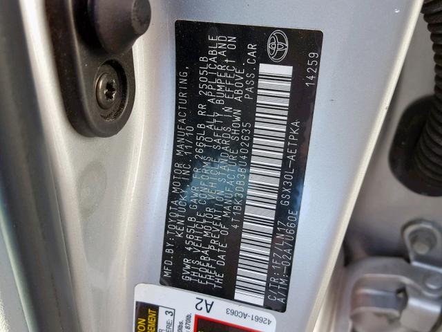 4T1BK3DB3BU402635 - 2011 TOYOTA AVALON BAS SILVER photo 10