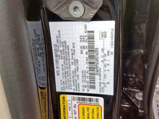 3FA6P0PU3JR216205 - 2018 FORD FUSION SE BLACK photo 10