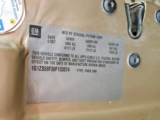 1G1ZS58F38F103874 - 2008 CHEVROLET MALIBU LS TAN photo 10