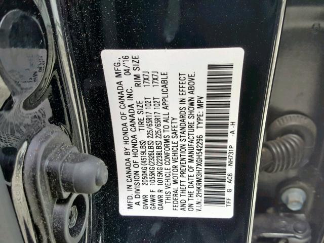 2HKRM3H7XGH542296 - 2016 HONDA CR-V EXL BLACK photo 10