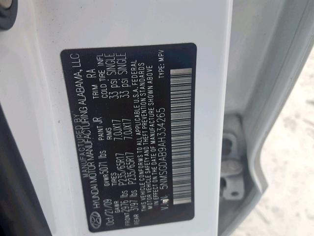 5NMSGDAB9AH334265 - 2010 HYUNDAI SANTA FE G WHITE photo 10