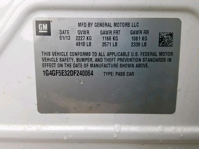 1G4GF5E32DF240064 - 2013 BUICK LACROSSE P WHITE photo 10