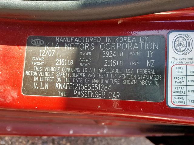 KNAFE121585551284 - 2008 KIA SPECTRA EX BURGUNDY photo 10