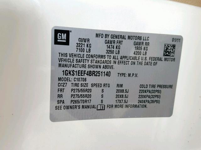 1GKS1EEF4BR251140 - 2011 GMC YUKON DENA WHITE photo 10