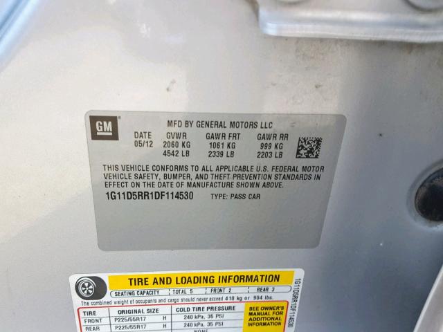1G11D5RR1DF114530 - 2013 CHEVROLET MALIBU 1LT ვერცხლისფერი ფოტო 10